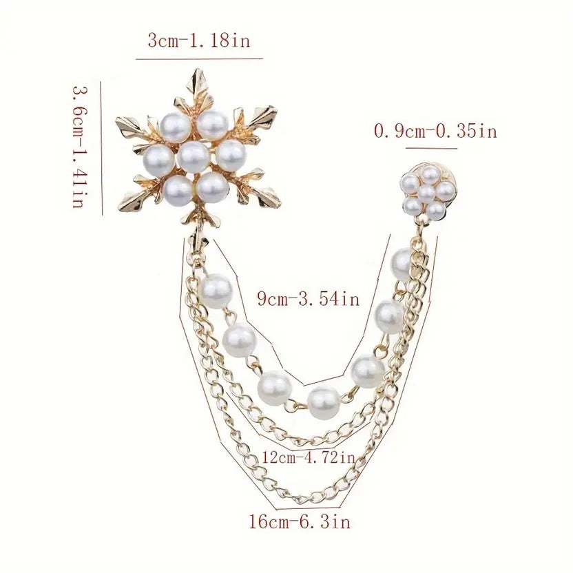 Pearl and Gold-Tone Snowflake Brooch Set with Chain Dangle, Winter Holiday Jewellery