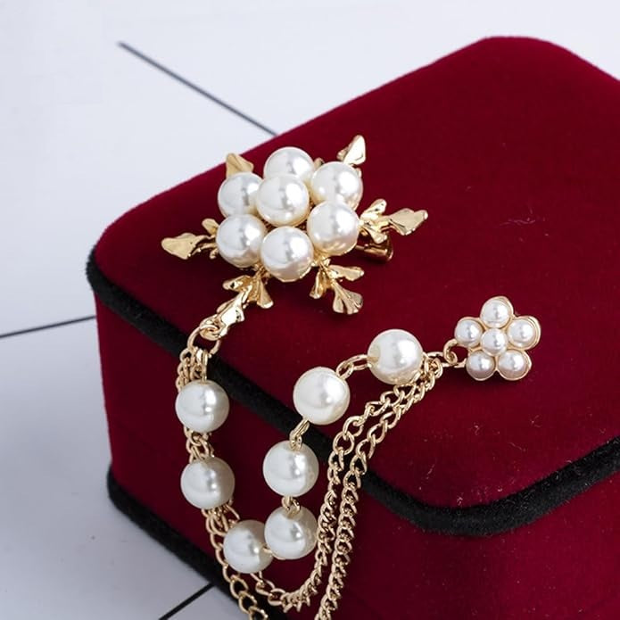 Pearl and Gold-Tone Snowflake Brooch Set with Chain Dangle, Winter Holiday Jewellery