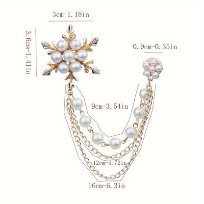 Pearl and Gold-Tone Snowflake Brooch Set with Chain Dangle, Winter Holiday Jewellery