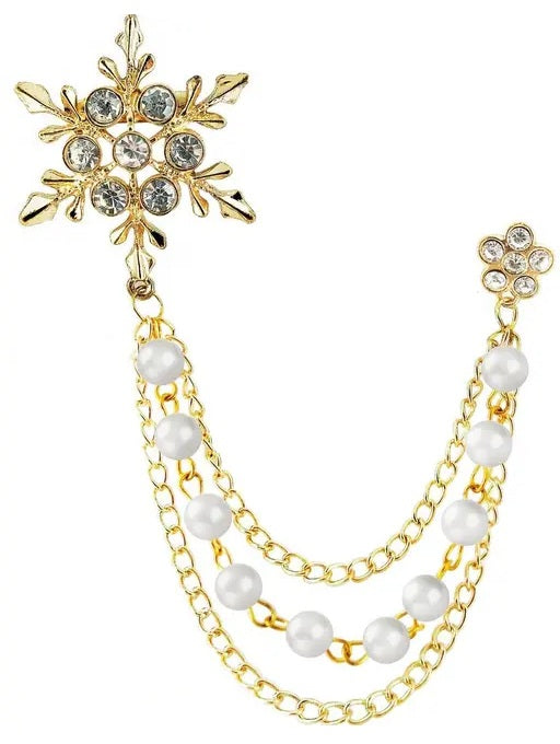 Pearl and Gold-Tone Snowflake Brooch Set with Chain Dangle, Winter Holiday Jewellery