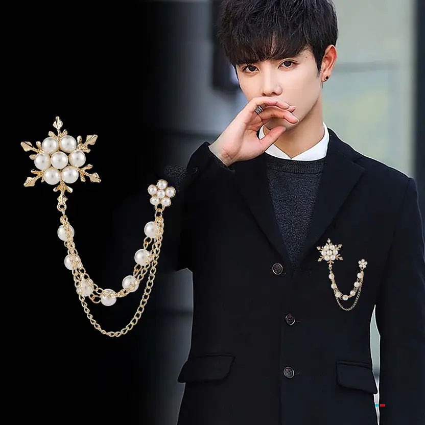 Pearl and Gold-Tone Snowflake Brooch Set with Chain Dangle, Winter Holiday Jewellery