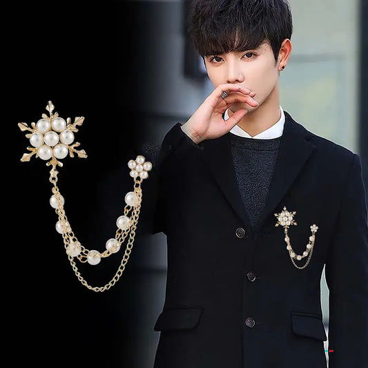 Pearl and Gold-Tone Snowflake Brooch Set with Chain Dangle, Winter Holiday Jewellery