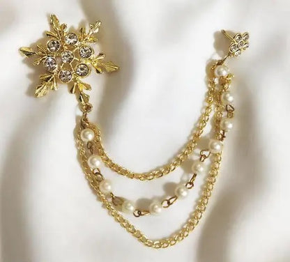 Pearl and Gold-Tone Snowflake Brooch Set with Chain Dangle, Winter Holiday Jewellery