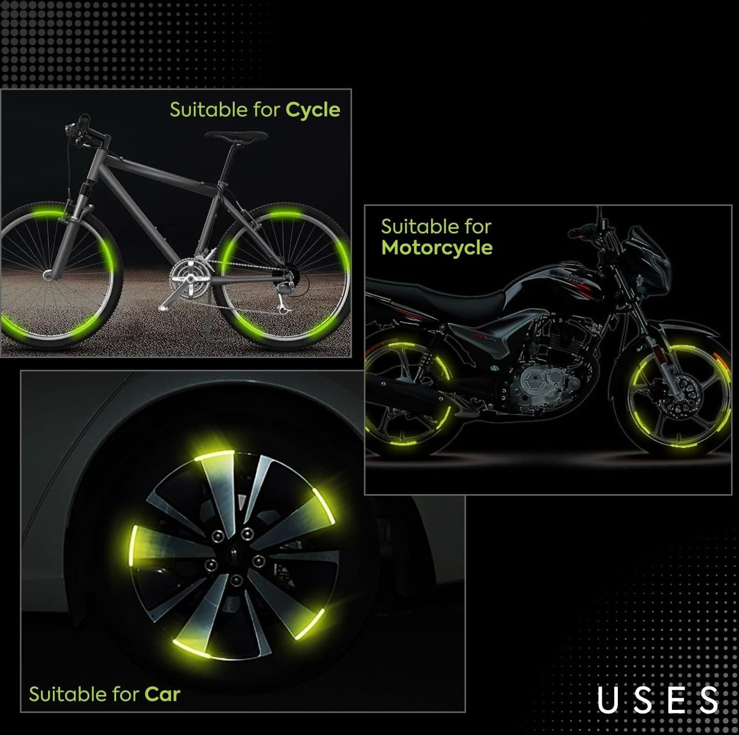 Reflective Wheel Rim Stickers, Yellow, 20 Pieces, Safety Visibility Enhancement for Car Motorcycle Bicycle