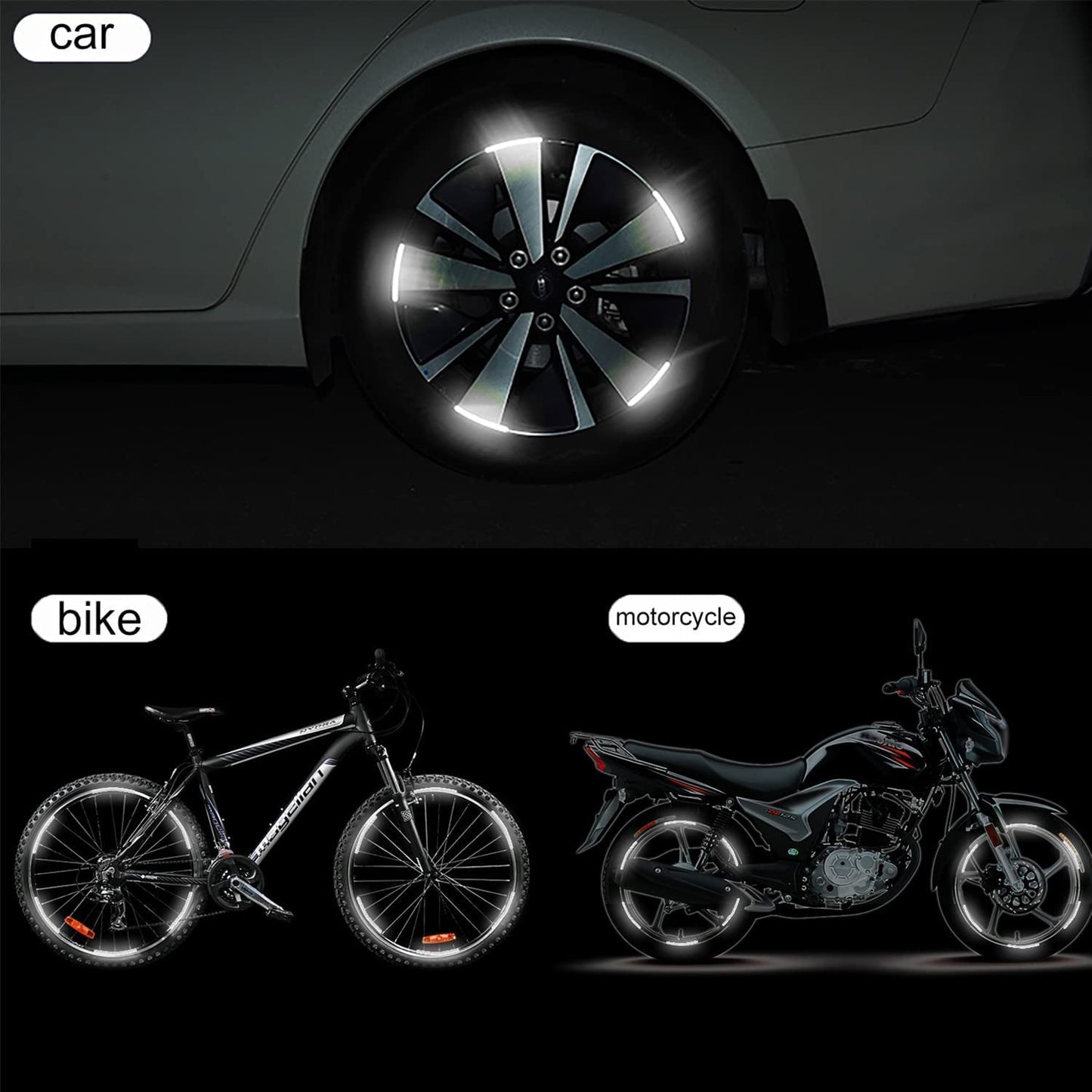 3D Reflective Wheel Tire Rim Stripes Stickers Decals for Car | Motorcycle & Bicycle - Night Safety Decoration for Automotive(20 Pcs) (White)