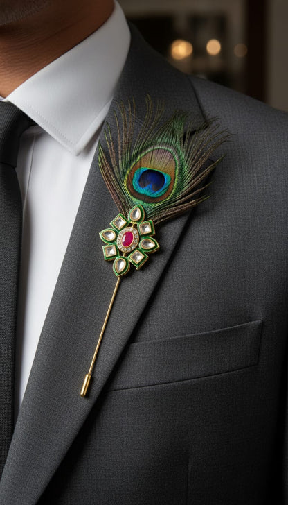 Vintage Crystal Pearl Brooch Pin with Double Chain Design, Gold-Toned, Formal Suit Accessory